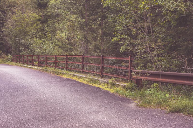 Asphalted road leading up to the mountains in forest - vintage r