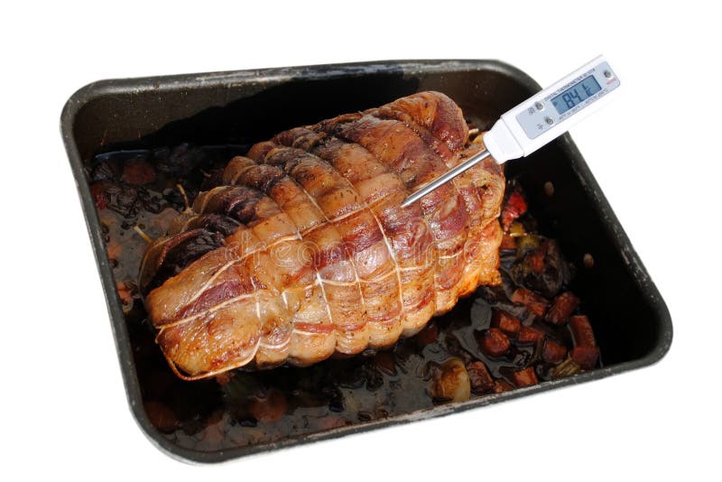 Assado da carne de porco com um termômetro de carne imagens de stock Assado da carne de porco com um termômetro de carne imagens de stock