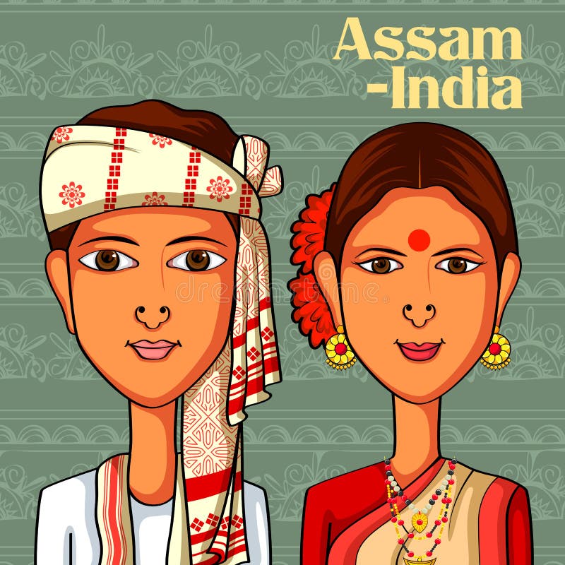 Assamesepar i traditionell dräkt av Assam, Indien stock illustrationer Assamesepar i traditionell dräkt av Assam, Indien stock illustrationer