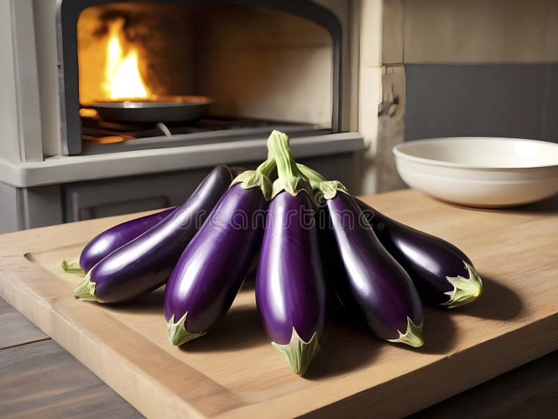 Assaporare l'aroma. melanzane appena cotte su una tavola di legno rustico fotografia stock