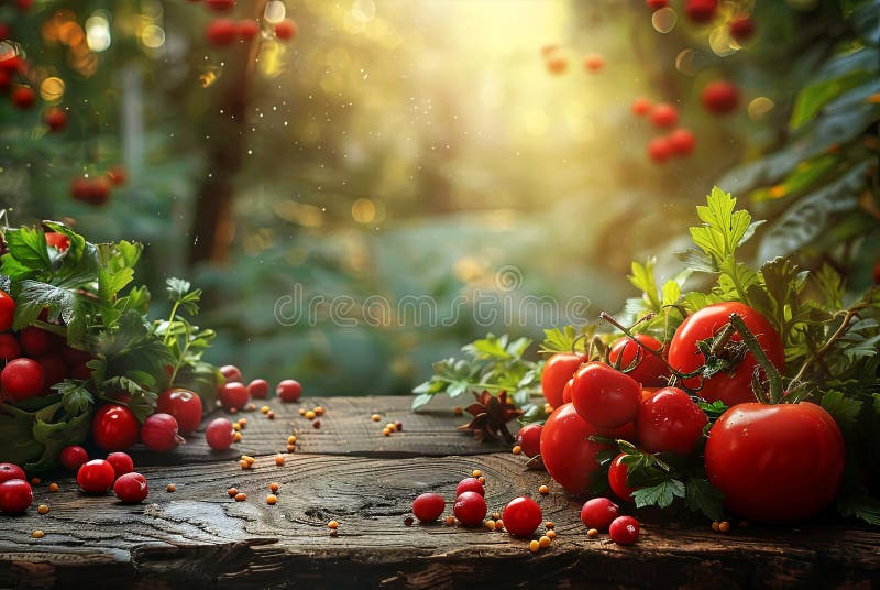 Assaporare l'essenza delle vibrazioni da giardino fresche con pomodori e verdure di colore bagnate alla luce del sole d'oro illustrazione di stock
