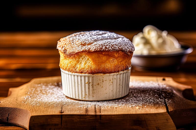 Assaporare la sofisticazione di un souffle di formaggio francese cotto in un quadro su una tavola di legno.. immagini stock libere da diritti