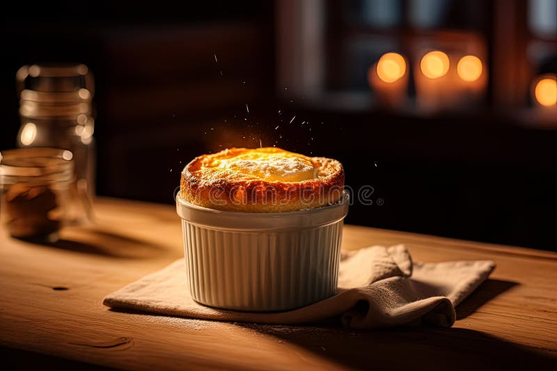 Assaporare la sofisticazione di un souffle di formaggio francese cotto in un quadro su una tavola di legno.. fotografia stock libera da diritti