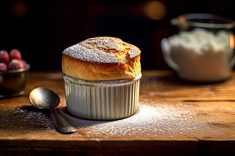 Assaporare la sofisticazione di un souffle di formaggio francese cotto in un quadro su una tavola di legno.. fotografia stock