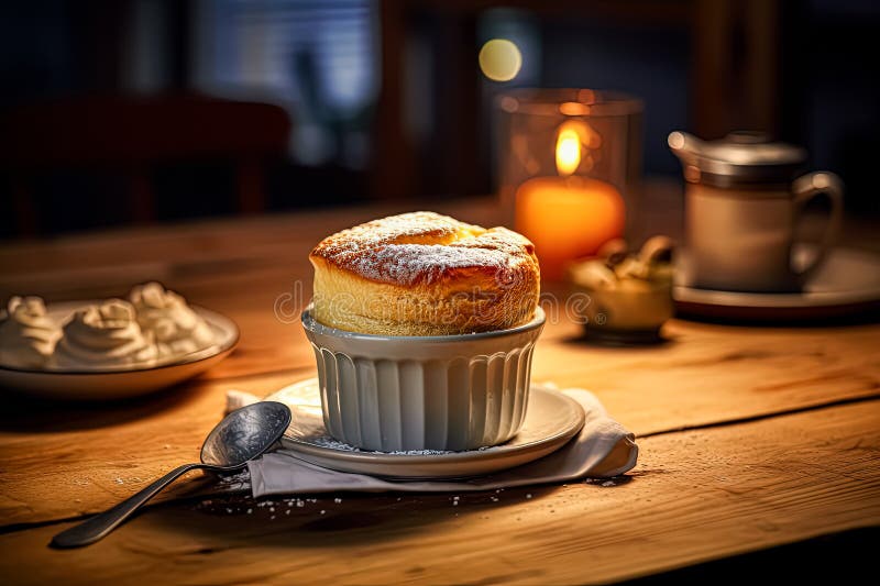 Assaporare la sofisticazione di un souffle di formaggio francese cotto in un quadro su una tavola di legno.. fotografia stock libera da diritti