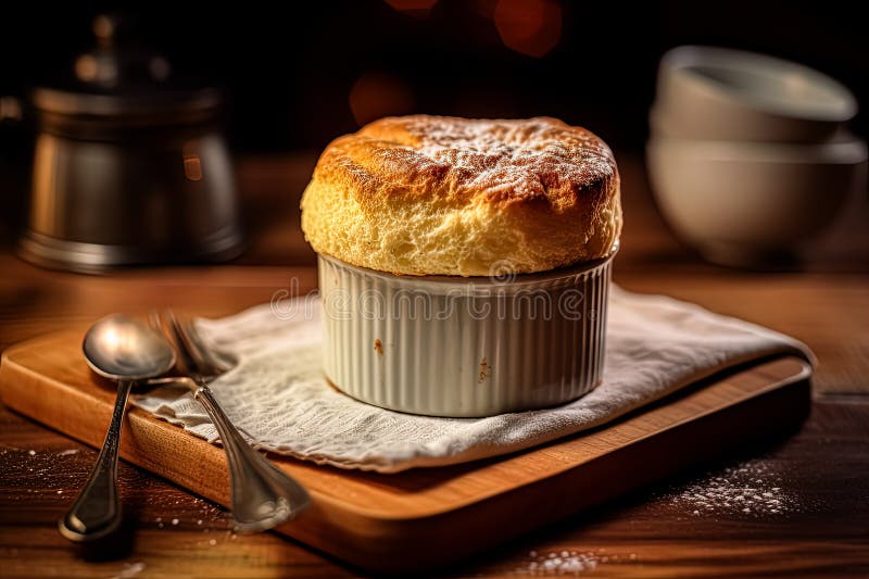 Assaporare la sofisticazione di un souffle di formaggio francese cotto in un quadro su una tavola di legno.. immagini stock libere da diritti