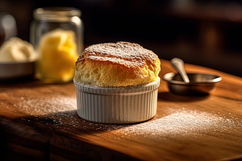 Assaporare la sofisticazione di un souffle di formaggio francese cotto in un quadro su una tavola di legno.. immagine stock libera da diritti