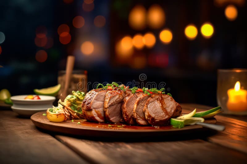Assaporare la succulenza di un rotolino di maiale cotto al forno e presentato su un tavolo di stile rustico. fotografia stock libera da diritti