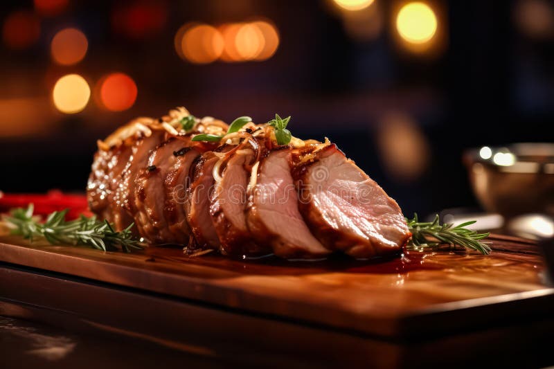 Assaporare la succulenza di un rotolino di maiale cotto al forno e presentato su un tavolo di stile rustico. immagine stock