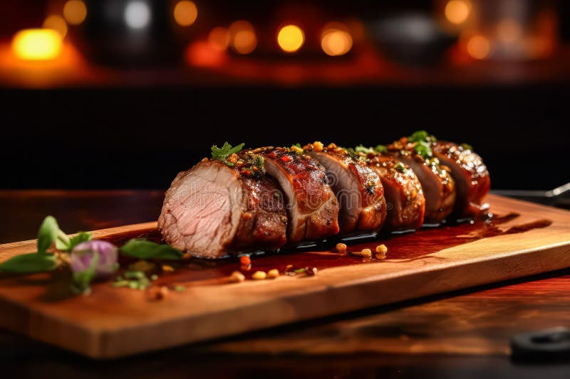 Assaporare la succulenza di un rotolino di maiale cotto al forno e presentato su un tavolo di stile rustico. fotografia stock libera da diritti