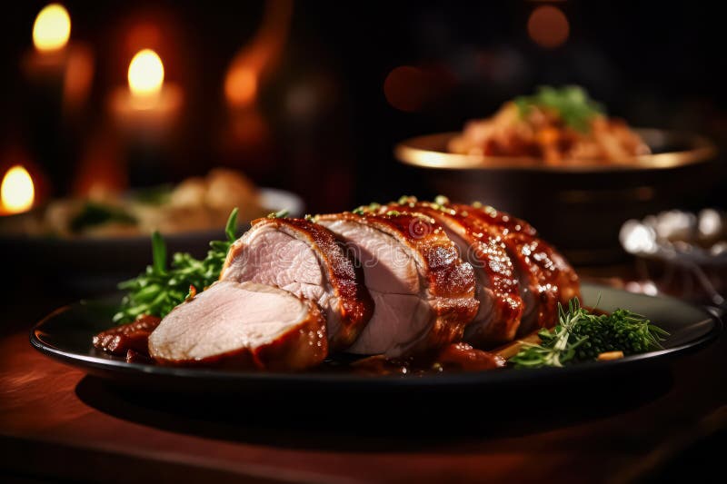Assaporare la succulenza di un rotolino di maiale cotto al forno e presentato su un tavolo di stile rustico. fotografia stock libera da diritti