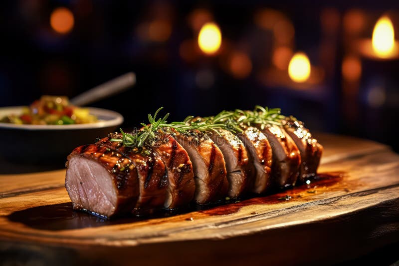 Assaporare la succulenza di un rotolino di maiale cotto al forno e presentato su un tavolo di stile rustico. immagini stock libere da diritti