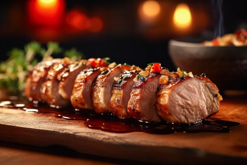 Assaporare la succulenza di un rotolino di maiale cotto al forno e presentato su un tavolo di stile rustico. immagine stock