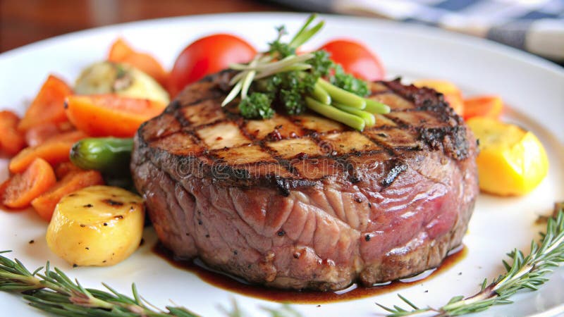 Assaporare un filetto macinato con erbe fresche e verdure torrefatte vibranti. aizione generativa illustrazione vettoriale