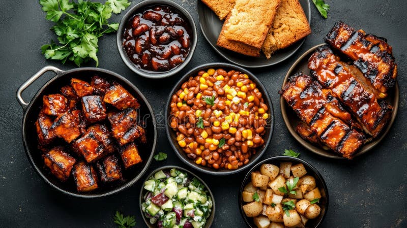 Assaporare una festa di BBQ per boccatura con costole grigliate di pane al forno e insalate fresche ben disposte fotografia stock