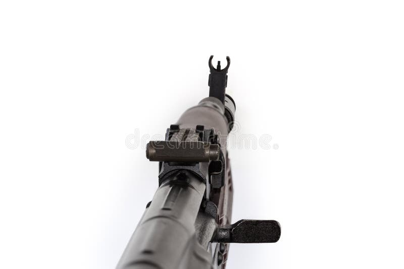 Assault rifle part with rear and front sight, selective focus royalty free stock photo