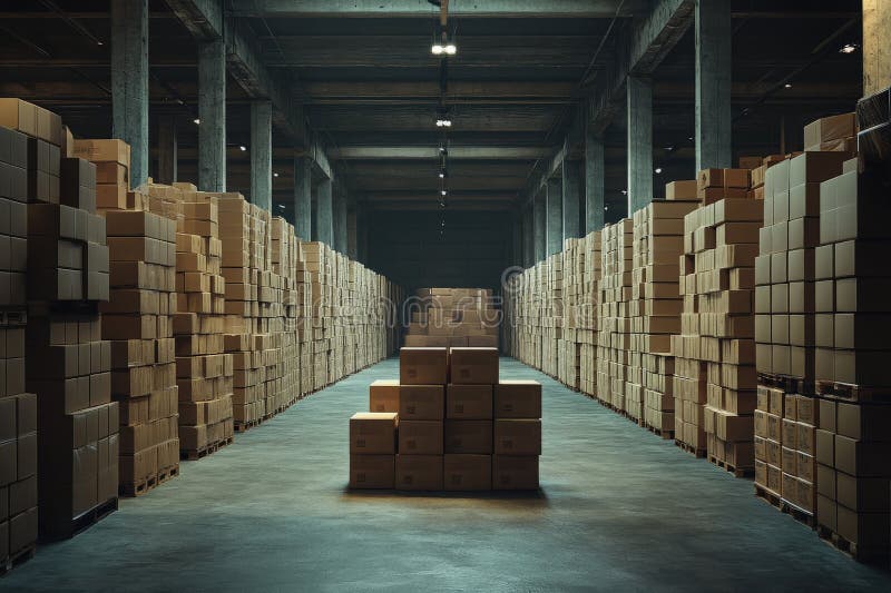 Asse warehouse con dimensioni lit con scatole di cartone in pila royalty illustrazione gratis
