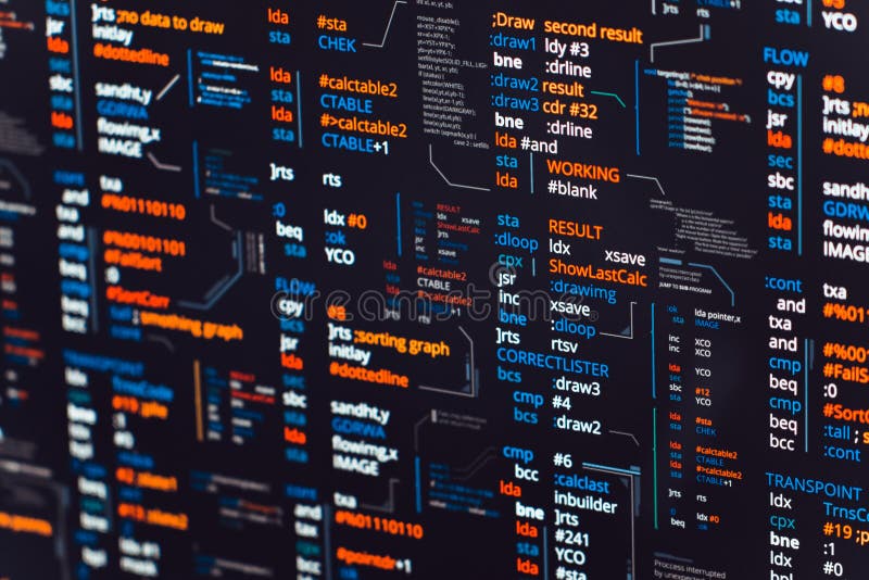 Assembler abstract program source with binary code on screen - programing or debugging process. Source code script stock images, royalty-free photos and pictures