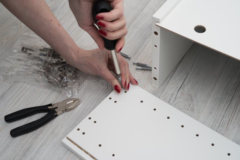 A woman holds a furniture nut, which she screws into the side of stock images A woman holds a furniture nut, which she screws into the side of stock images