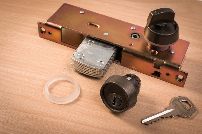 Assembly of Aluminium Door Lock for Installation, Adjustment or Repair. Stock Image Image of