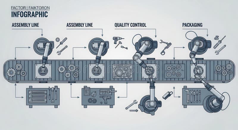 Assembly line infographic isolated on white background showcasing automation vector illustration