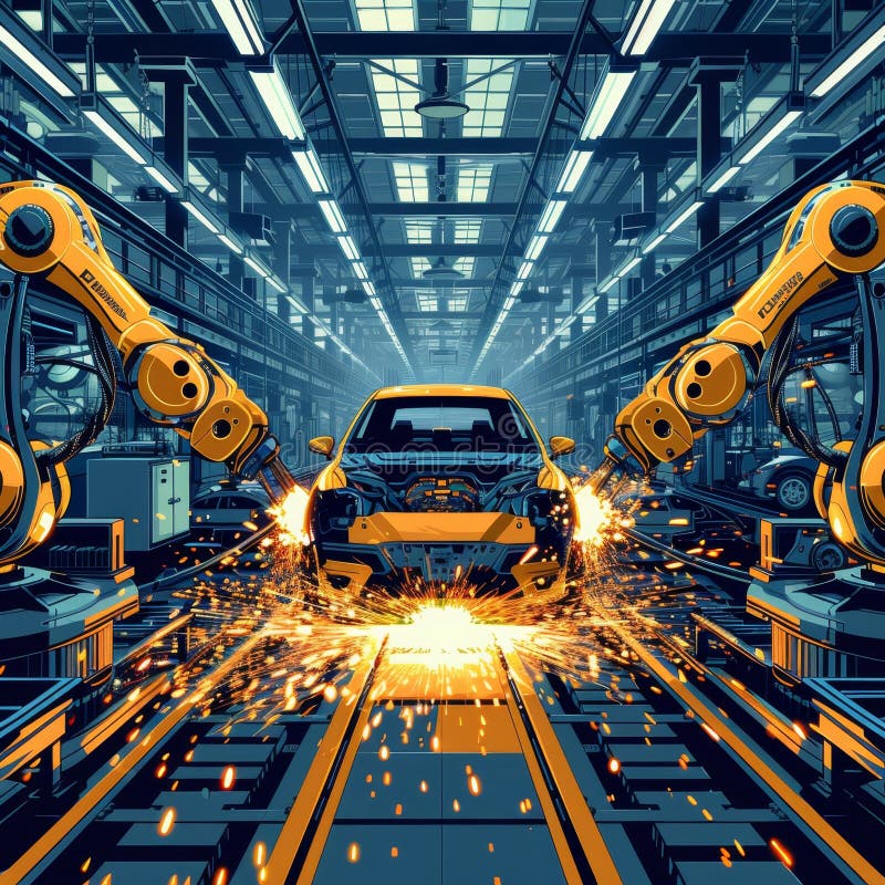 Assembly line of a car factory with industrial robots welding a yellow car body stock photo