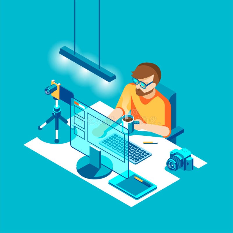 Assento e funcionamento do fotógrafo Caráter, câmera, computador, tabela e vários dispositivos Ilustração isométrica do vetor ilustração do vetor Assento e funcionamento do fotógrafo Caráter, câmera, computador, tabela e vários dispositivos Ilustração isométrica do vetor ilustração do vetor