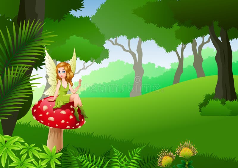 Assento feericamente pequeno no cogumelo com fundo tropical da floresta ilustração stock Assento feericamente pequeno no cogumelo com fundo tropical da floresta ilustração stock