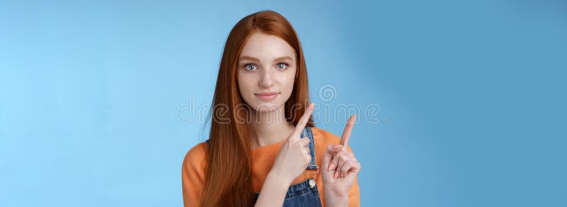 Assertive Good Looking Redhead Girl Know What Talking About Pointing Upper Left Corner Index