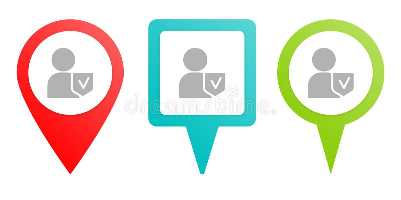 Assessment, insurance, man, shield. Multicolor pin vector icon, diferent type map and navigation point vector illustration