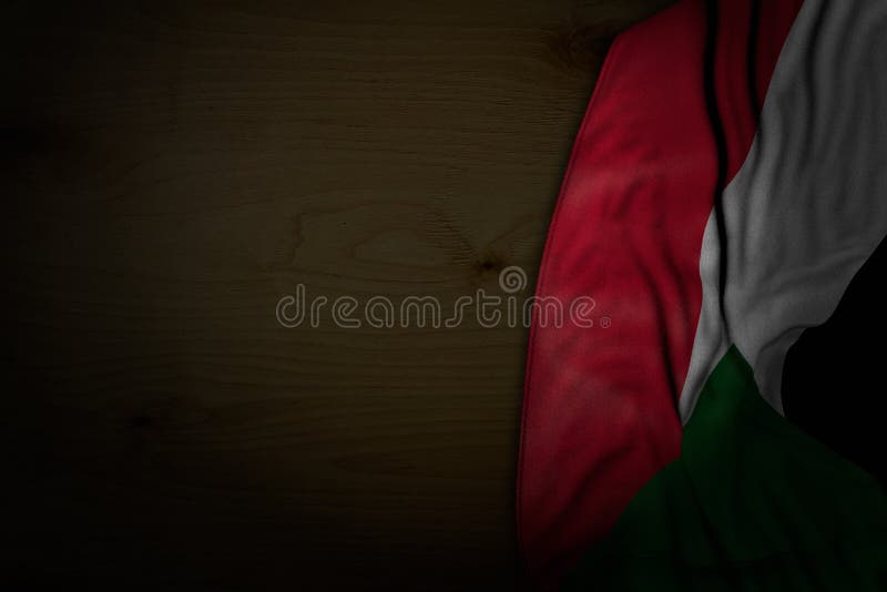 Assez toute illustration du drapeau 3d de vacances - photo foncée de drapeau du Soudan avec de grands plis sur le bois foncé avec illustration de vecteur Assez toute illustration du drapeau 3d de vacances - photo foncée de drapeau du Soudan avec de grands plis sur le bois foncé avec illustration de vecteur