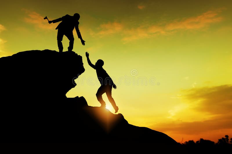 Assistance, teamwork and achievement concept. silhouette of man