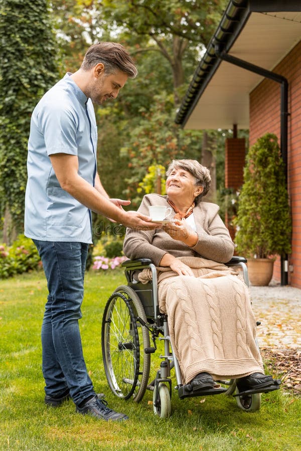 Assistant giving cup of tea to happy senior woman in the wheelchair in the garden stock photography Assistant giving cup of tea to happy senior woman in the wheelchair in the garden stock photography