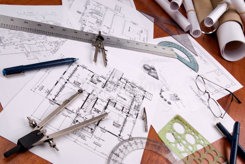 Assistente tecnico, architetto o programmi e strumenti dell'appaltatore immagine stock Assistente tecnico, architetto o programmi e strumenti dell'appaltatore immagine stock