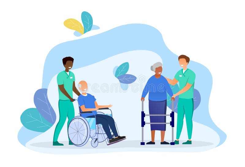 Elderly people care. Concept of senior man and woman with assistive devices and nurses helping them. Cartoon flat vector illustration with fictional characters isolated on white background. Elderly people care. Concept of senior man and woman with assistive devices and nurses helping them. Cartoon flat vector illustration with fictional characters isolated on white background