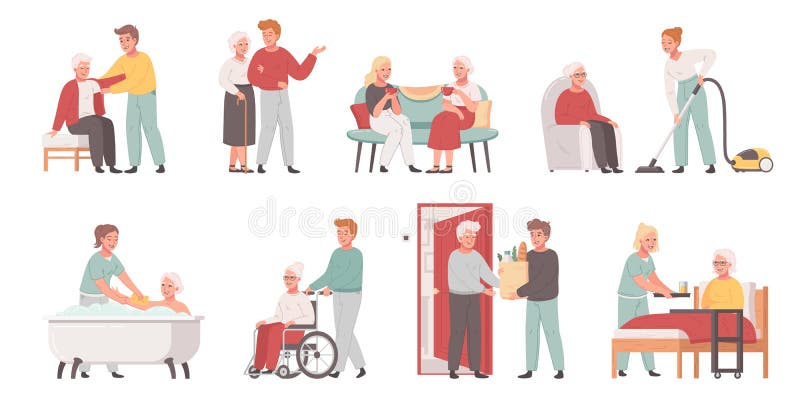 Elderly care cartoon icons set with caregivers helping old people isolated vector illustration. Elderly care cartoon icons set with caregivers helping old people isolated vector illustration