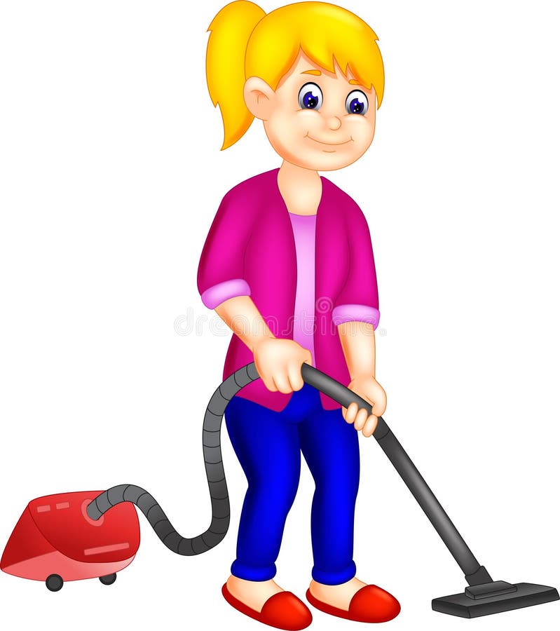 Assoalho ereto da limpeza dos desenhos animados bonitos da menina usando o líquido de limpeza do vacum ilustração do vetor Assoalho ereto da limpeza dos desenhos animados bonitos da menina usando o líquido de limpeza do vacum ilustração do vetor