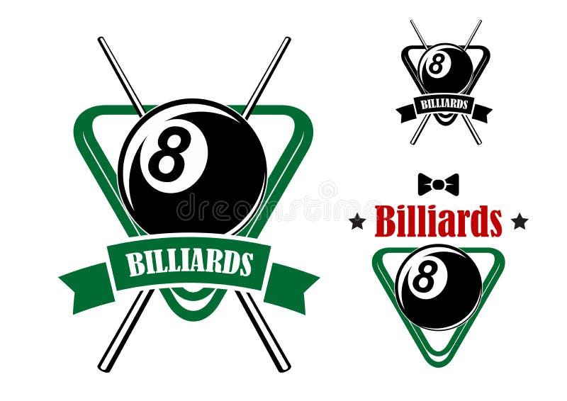 Emblemas de snooker com bolas, tacos e suportes triangulares ilustração stock