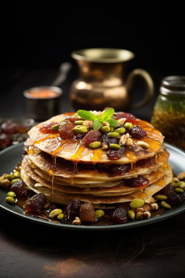 Assorted Arabian Pancake Katayef and Dates, Pistachio Stock