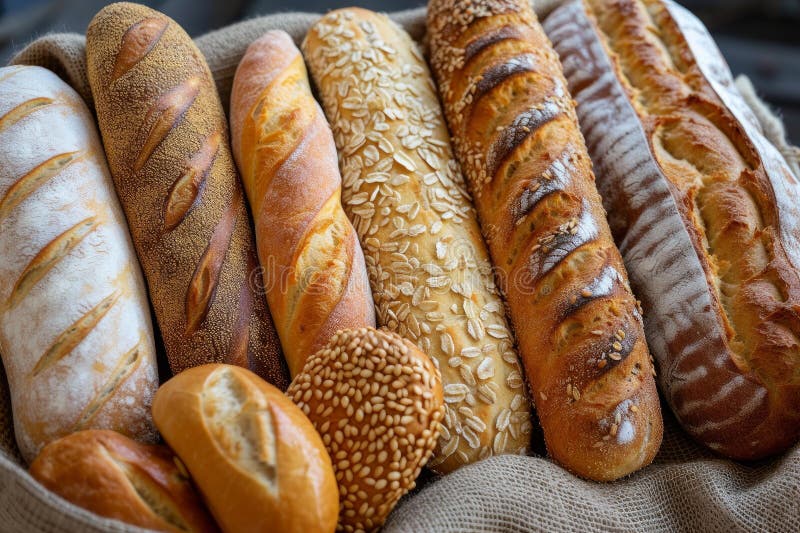 Assorted artisan bread basket close-up royalty free stock image