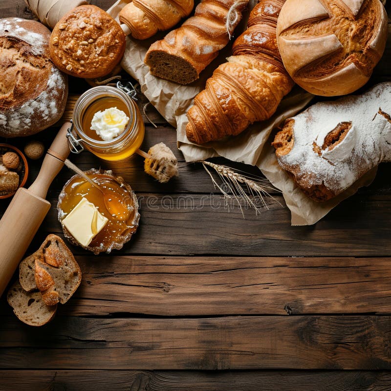 Assorted Baked Goods on Rustic Wooden Table Cozy Bakery Scene Stock