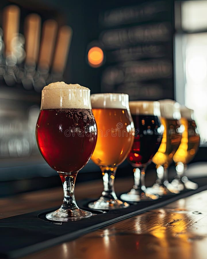 Assorted Beer Glasses on Bar Counter Stock Image Image of alcohol