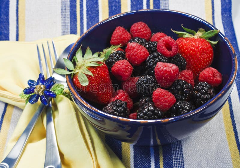 Assorted berries in a blue bowl