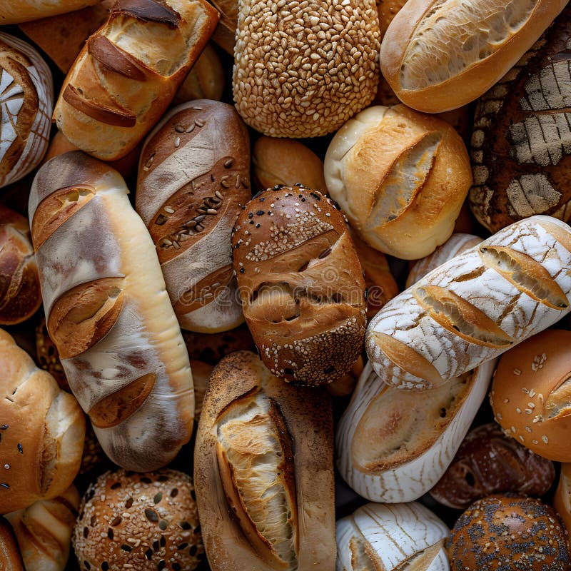 Assorted bread stacked high, a mix of staple foods stock photography
