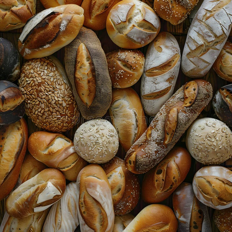Assorted bread selection displayed on a wooden table stock photos