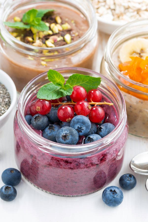 Assorted Breakfast of Chia Seeds and Fruits in Jars Stock Photo Image