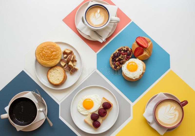 Assorted breakfast items arranged on colorful hexagonal tiles stock illustration