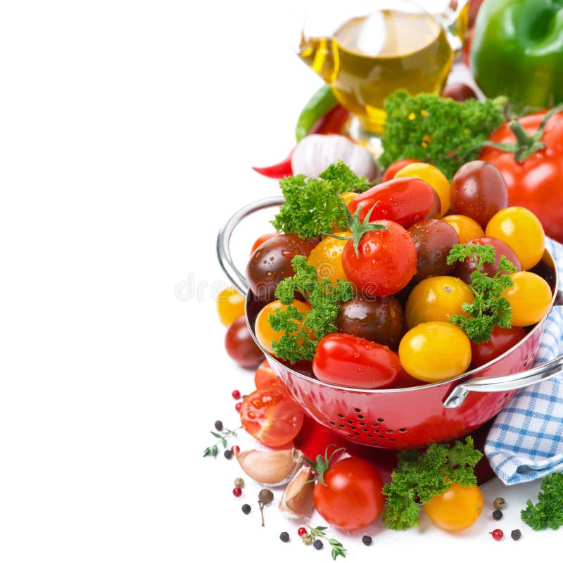 Assorted cherry tomatoes, spices, olive oil royalty free stock images