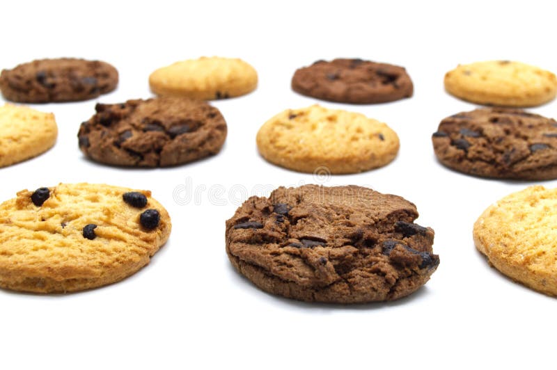 Assorted Chocolate chip cookies isolated on white background. Sweet biscuits delicious and crunchy homemade pastry royalty free stock image Assorted Chocolate chip cookies isolated on white background. Sweet biscuits delicious and crunchy homemade pastry royalty free stock image
