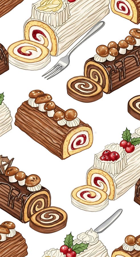 Assorted Chocolate Swiss Roll Cakes Pattern vector illustration